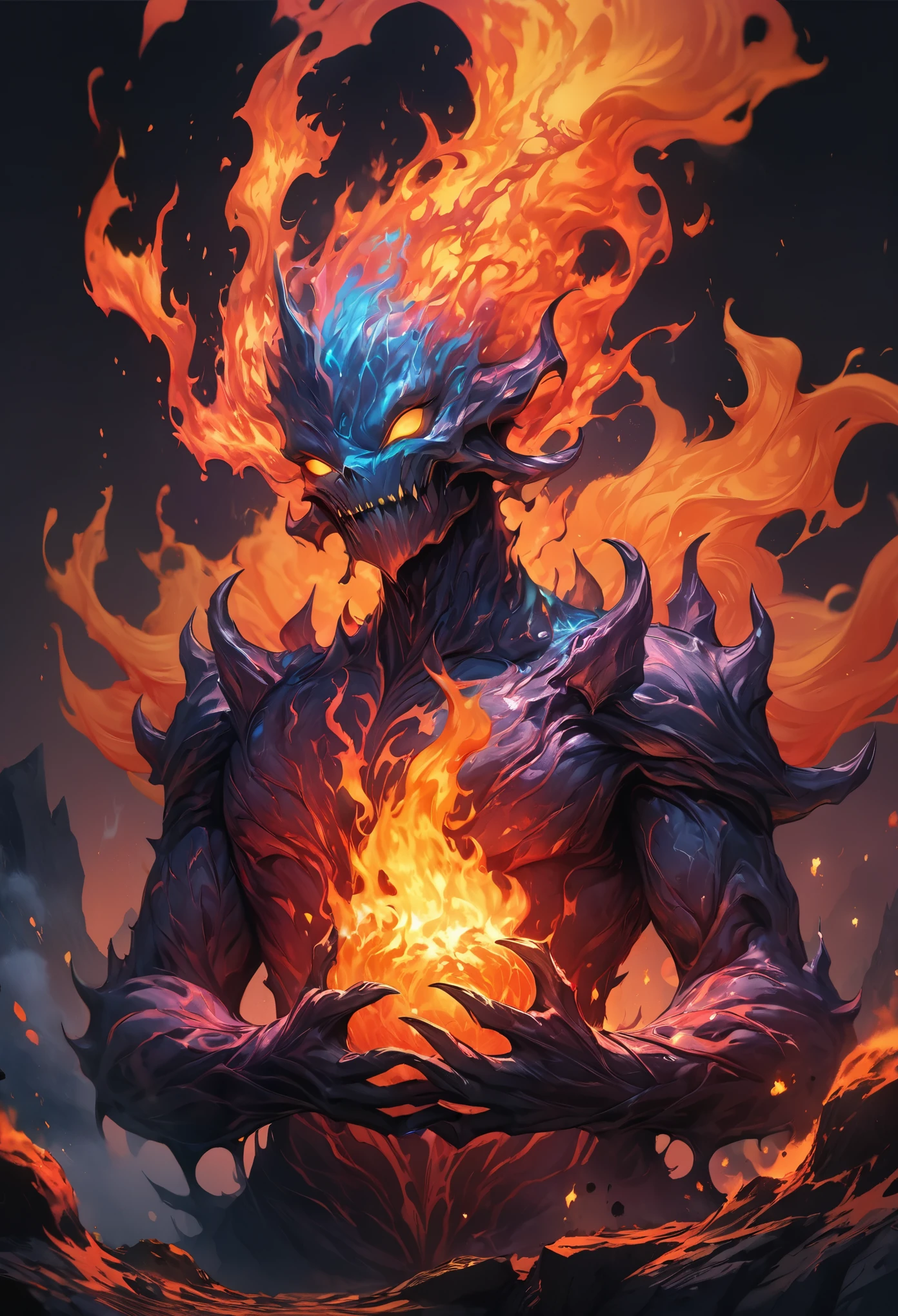  ((Best quality, 8K, Masterpiece: 1.4)),((Amazing detail: 1.3)),((illustration: 1.2)),((high resolution: 1.1)),Eldritch,flame elemental, fire demon, luminous fire elemental,Empty background,astral,Viscous liquid,Colorful, vapor, Dark style, Dark fantasy, Perfect hand,Murderous face,Human toch,lava