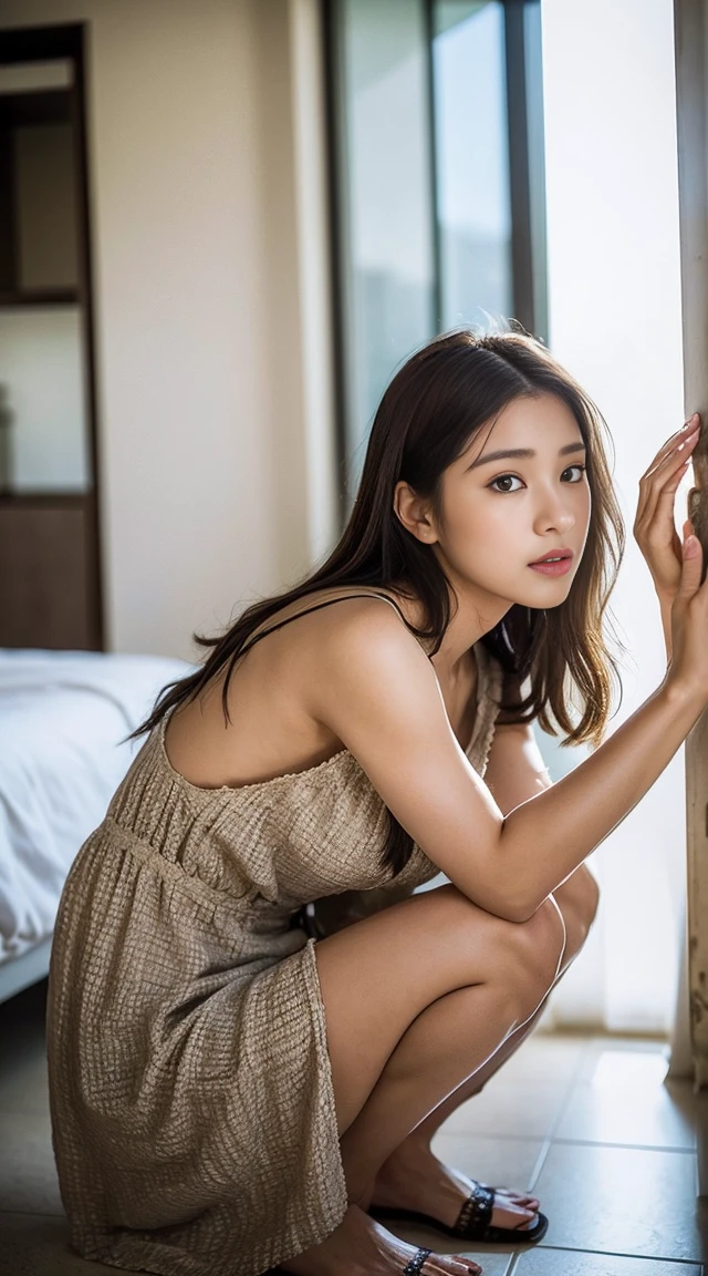Dark brown hair、Light brown eyes、Japanese actress、 Lady、I am about 40 years old..、(Intricate details:1.2)、(Which one is on top??:1.4)、 (Ultra-high resolution:1.2)、Ultra-high resolution、(Finely tuned)、(Detailed facial features)、Hmph、8K resolution、D cup size breasts、Long Hair、Large windows、Extravagant space、relax、、,Full body photo、Head to toe shot、Beautiful legs、Camisole dress、Beautiful legs、A refreshing room filled with sunlight、she, household items,   (plant:0.8), Fashion Hub, Extreme Detail, Very detailed, Realistic, Hourglass-shaped body, Obscene pose,、、私 cry a lot、tears、person on the left、White wall、White floor、diagonally from below、Please lift your chin、テーブルの上にsit、relaxした表情、Pose of Weakness、(auraroid photo:1.2)、From outside the window、Transparent Painting、8K、32k、Highest quality、(Details of both eyes)、1 Girl、elegant、(Loose dress :1.4)、sunset、sit、(Low Angle、From what angle do you see this?:1.2)、Hilarious、Leaning against a wall、