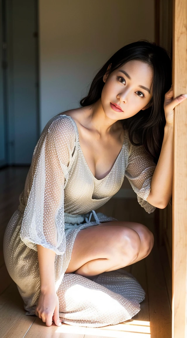 Dark brown hair、Light brown eyes、Japanese actress、 Lady、I am about 40 years old..、(Intricate details:1.2)、(Which one is on top??:1.4)、 (Ultra-high resolution:1.2)、Ultra-high resolution、(Finely tuned)、(Detailed facial features)、Hmph、8K resolution、D cup size breasts、Long Hair、Large windows、Extravagant space、relax、、,Full body photo、Head to toe shot、Beautiful legs、Camisole dress、Beautiful legs、A refreshing room filled with sunlight、she, household items, (plant:0.8), Fashion Hub, Extreme Detail, Very detailed, Realistic, Hourglass-shaped body, Obscene pose,、、私 cry a lot、tears、person on the left、White wall、White floor、diagonally from below、Please lift your chin、テーブルの上にsit、relaxした表情、Pose of Weakness、(auraroid photo:1.2)、From outside the window、Transparent Painting、8K、32k、Highest quality、(Details of both eyes)、1 Girl、elegant、(Loose dress :1.4)、sunset、sit、(Low Angle、From what angle do you see this?:1.2)、Hilarious、Leaning against a wall、
