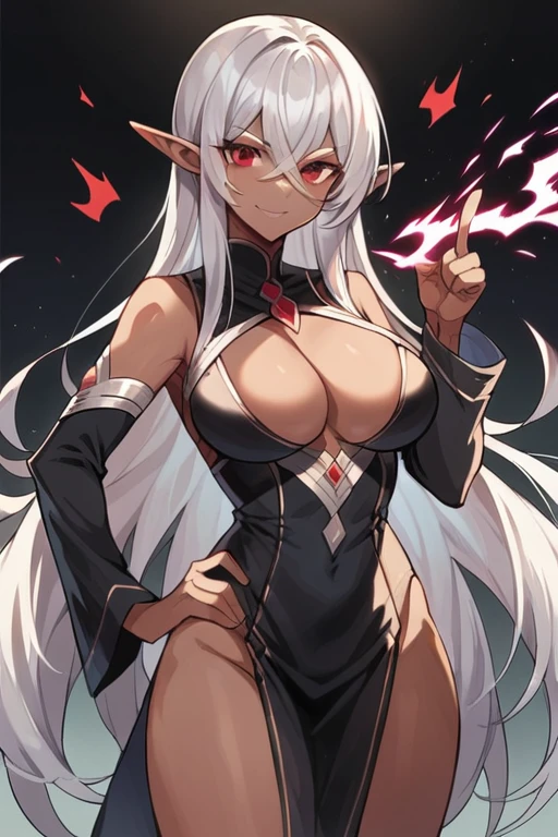 (masterpiece, best quality),dark elf,((dark skin)),long hair（silver hair）,large breasts（slender body）,((put one hand on hips)),hairs between eyes, crossed bangs,ruby red eyes,small eyes,white  Leather light clothing,evil smile,battle aura,Index finger pointing up（On your index finger flame magic）,