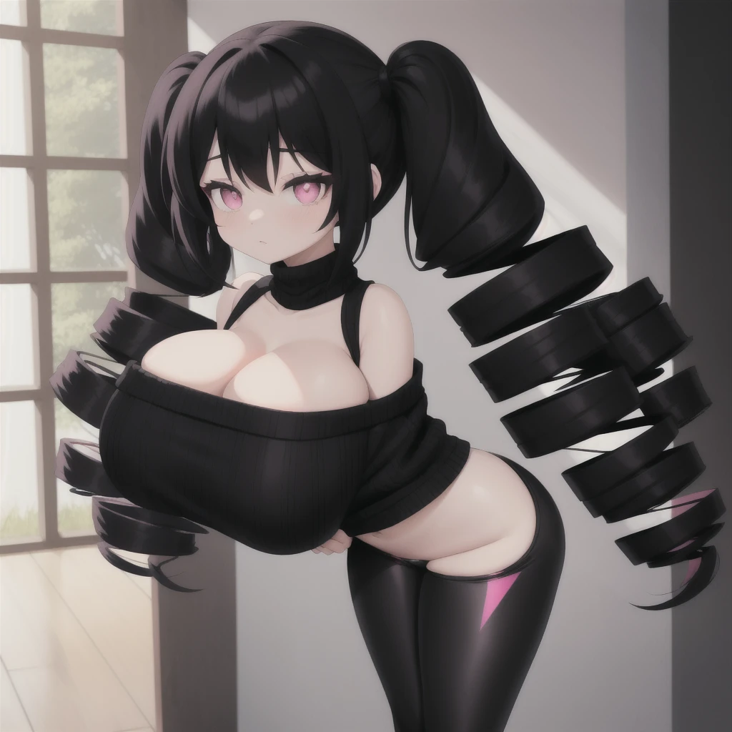 black hair, female, twin drills, solo, smol, pink eyes, massive breasts, very long hair, wear open cut black sweater and leggings, masterpiece, ultra high quality