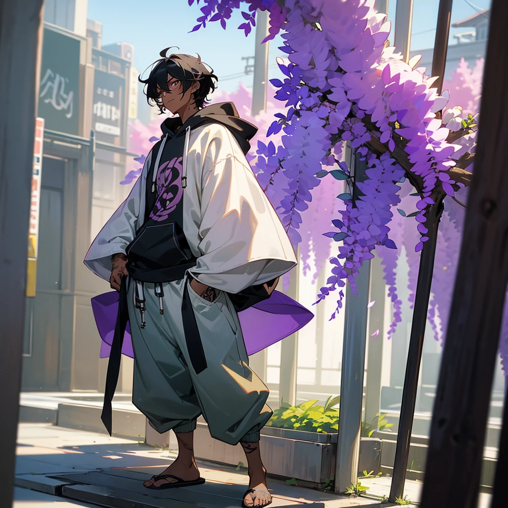 1male, young adult, dark skin, finely detailed plum eyes, wild medium hair, two tone hair, black hair color, seashell white hair color, oversized hoodie, baggy pants, standing on building, day time, tokyo streets, e expression, muscular, tattoos, wisteria flowers, scars