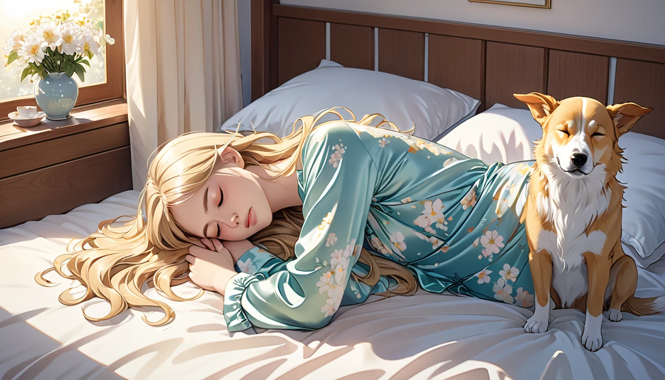 Japanese animation style、I will create a digital illustration of an adult elf woman sleeping face down in a large bed、She is wearing elegant silk pajamas.、Relaxed facial expression、Long, loosely wavy blonde hair、Sleeping with pet dog、The dog is curled up on her and sleeping、The soft morning light shines in、Calm atmosphere、Detailed and clear drawing、Warm and gentle colors、Drawing from a top-down perspective