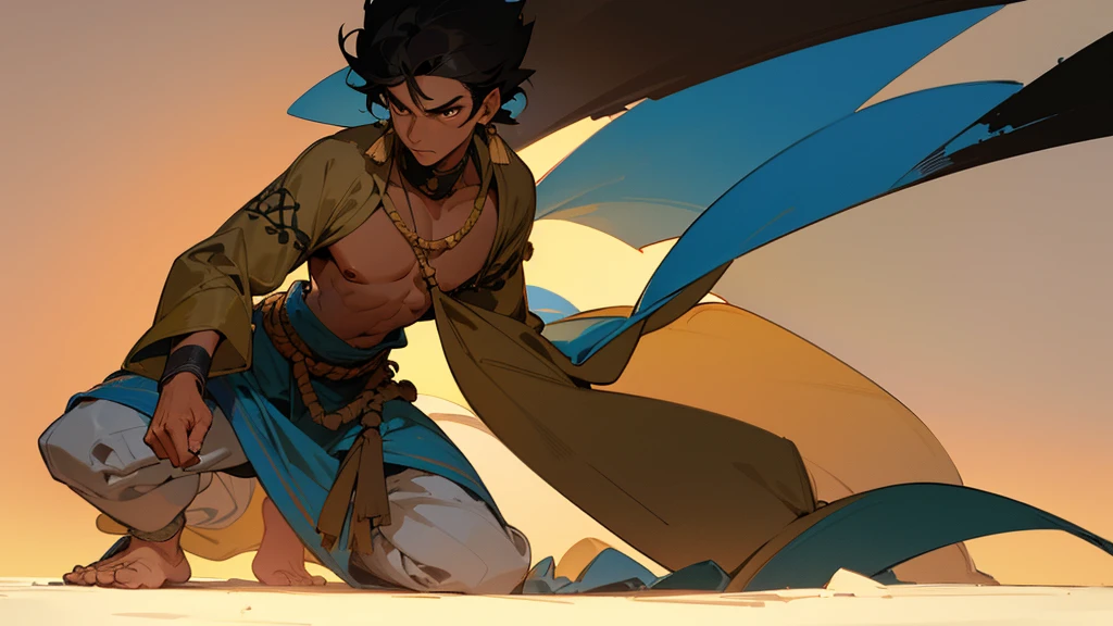 He is an adult indigenous man with Mexican features, and sun-kissed brown skin. His short black hair contrasts with his intense, expressive dark eyes. High, well-defined cheekbones complement his sharply contoured face. His pointed ears add a unique and distinctive detail to his appearance. He exudes a strong, serene presence, deeply connected to his cultural roots, Full body, master piece, character sheet, character sheet, perfect face.