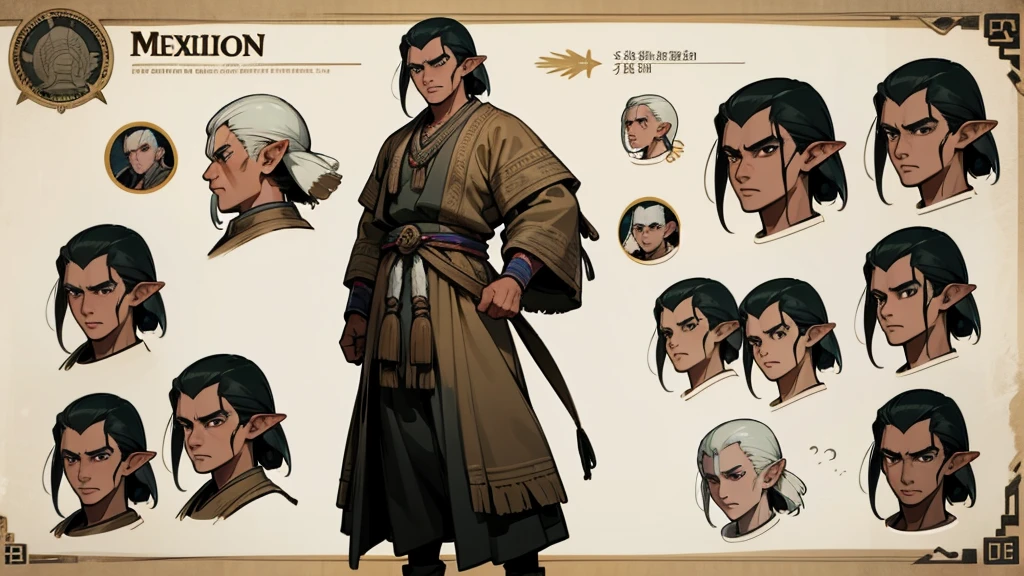 He is an adult indigenous man with Mexican features, and sun-kissed brown skin. His short black hair contrasts with his intense, expressive dark eyes. High, well-defined cheekbones complement his sharply contoured face. His pointed ears add a unique and distinctive detail to his appearance. He exudes a strong, serene presence, deeply connected to his cultural roots, Full body, master piece, character sheet, character sheet, perfect face.
