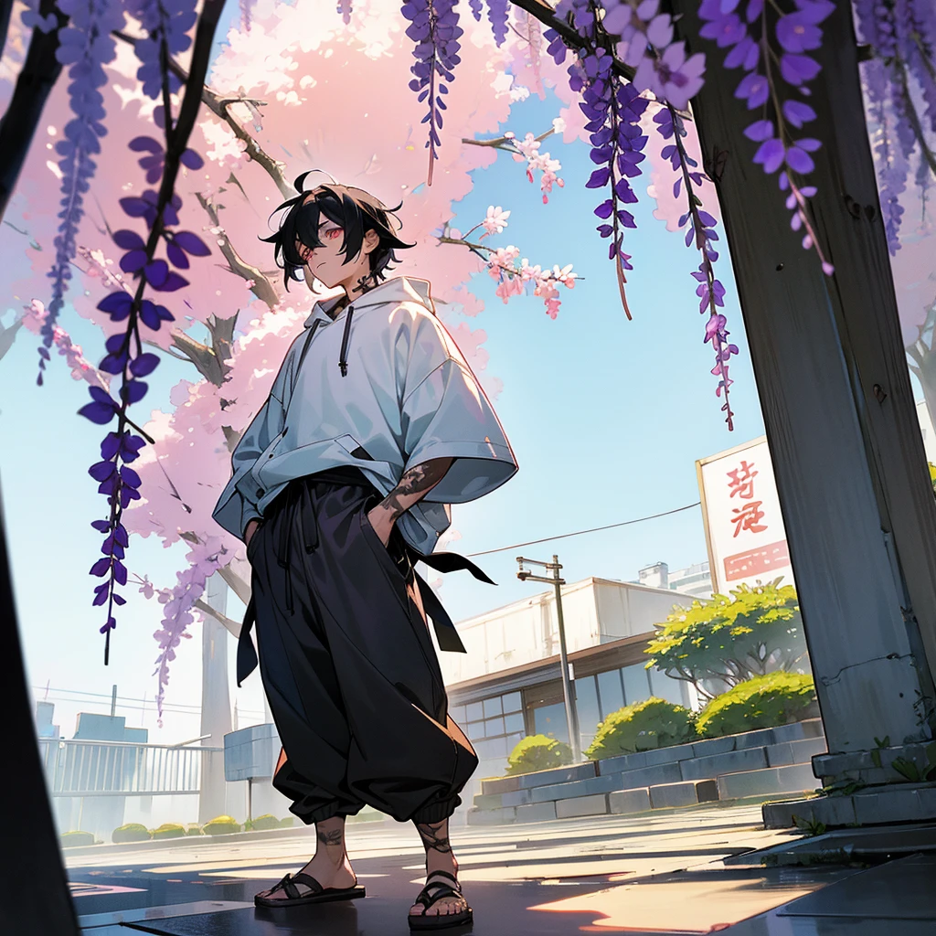 1male, young adult, finely detailed plum eyes, wild medium hair, two tone hair, black hair color, seashell white hair color, oversized hoodie, baggy pants, standing on building, day time, tokyo streets, calm expression, muscular, tattoos, wisteria flowers, scars