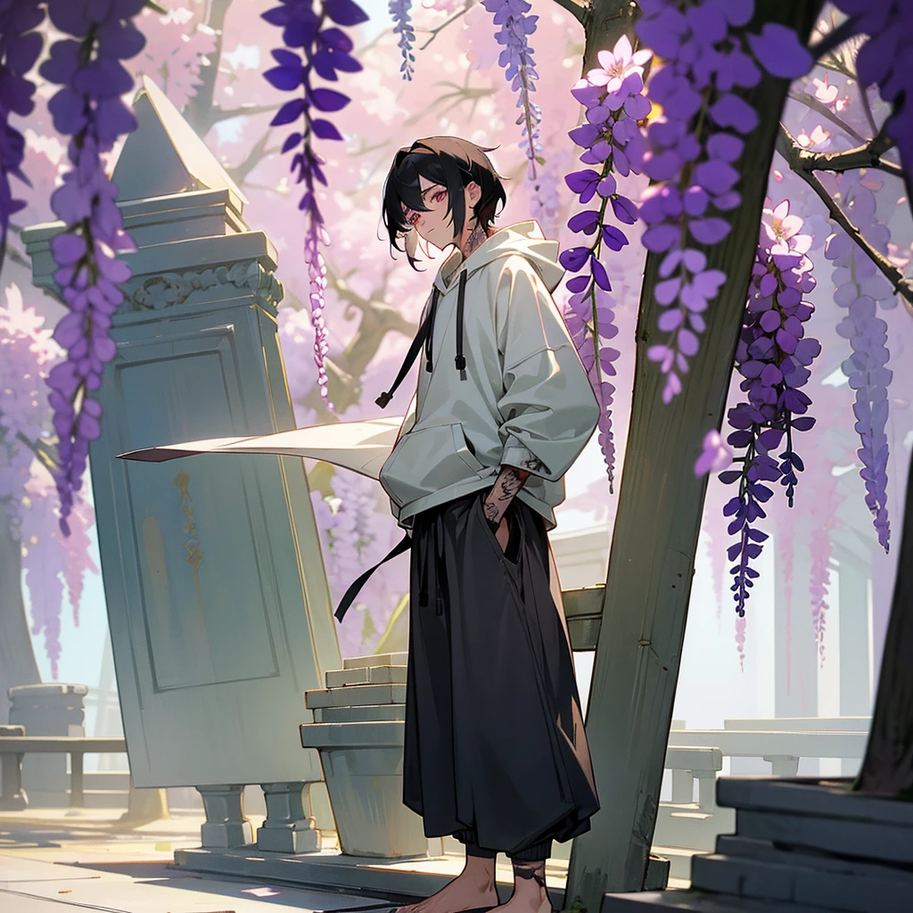 1male, young adult, finely detailed plum eyes, wild medium hair, two tone hair, black hair color, seashell white hair color, oversized hoodie, baggy pants, standing on building, day time, tokyo streets, calm expression, muscular, tattoos, wisteria flowers, scars