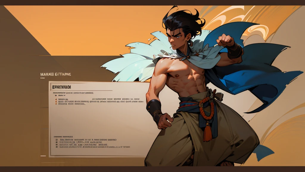 He is an adult indigenous man with Mexican features, and sun-kissed brown skin. His short black hair contrasts with his intense, expressive dark eyes. High, well-defined cheekbones complement his sharply contoured face. His pointed ears add a unique and distinctive detail to his appearance. He exudes a strong, serene presence, deeply connected to his cultural roots, Full body, master piece, character sheet, character sheet, perfect face.