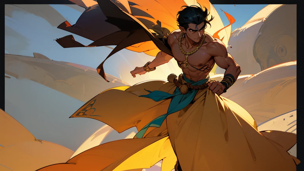 He is an adult indigenous man with Mexican features, and sun-kissed brown skin. His short black hair contrasts with his intense, expressive dark eyes. High, well-defined cheekbones complement his sharply contoured face. His pointed ears add a unique and distinctive detail to his appearance. He exudes a strong, serene presence, deeply connected to his cultural roots, Full body, master piece, character sheet, character sheet, perfect face.