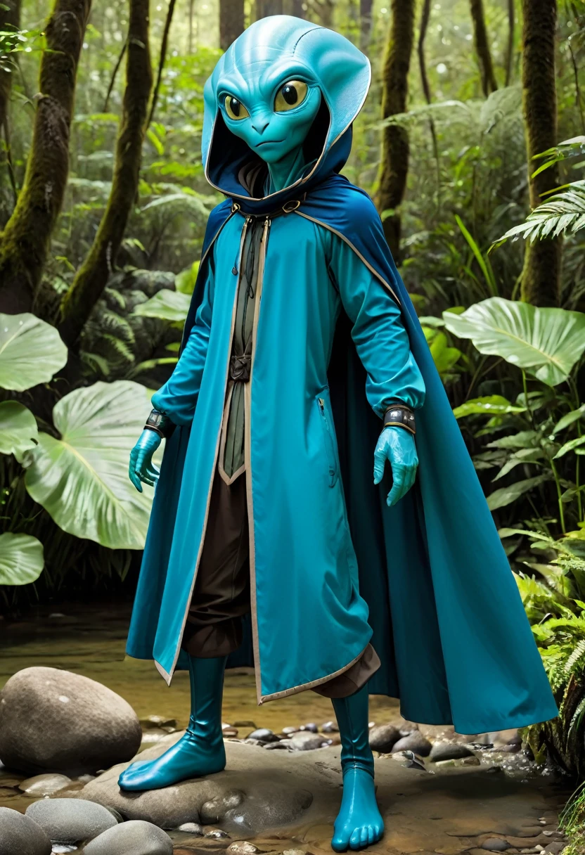 Rovender Kitt is a native of Orbona, an alien world, and he belongs to a species known as the "Hauld." He is distinctly alien in appearance, characterized by his tall and lean frame, which is covered in smooth, greenish-blue skin. His body is agile and built for quick movements, reflecting his adaptability and survival skills. Rovender's head is elongated, with large, expressive eyes that can change color based on his emotions. He has a pair of antennae protruding from his forehead, which enhance his sensory perception and communication abilities. His hands and feet are webbed, aiding in swimming and providing a better grip in various terrains. Rovender often dresses in practical, worn clothing suited for travel and survival, including a long cloak that conceals his features and provides protection from the elements.