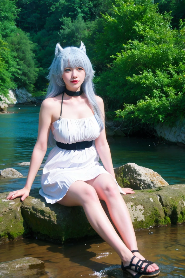 best quality, tmasterpiece,Ultra-high resolution,Clear face,(Reality:1.4),ferpect lighting,(upper body shot:1.5), (photorealistic:1.50), anime wallpaper, Guviz style artwork, cover-up fantasy up to magic , by Yang J, Guviz, beautiful artwork illustration, beautiful digital artwork, beautiful digital illustration, Li Song, beautiful anime portrait, art style in Beauvot,1girl, 独奏, white hair, long hair, animal ears, blue eyes, white dress, bracelets, bare shoulders, blue ribbon, blocky, gladiator sandals, dynamic pose, (sitting with hands around ankles), river, water flow, flowing water, blue sky ,