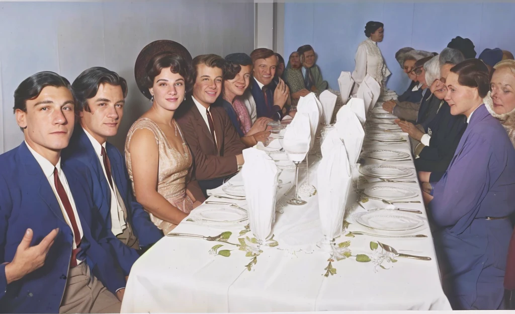There are many people sitting at a long table with a white tablecloth, colored, color photo, a colored photo, colored photo, !!posing_as_last_cena, color photo de época, colored, old color photo, old color photograph, 1 9 6 0's, 1960, colored, colored photograph
