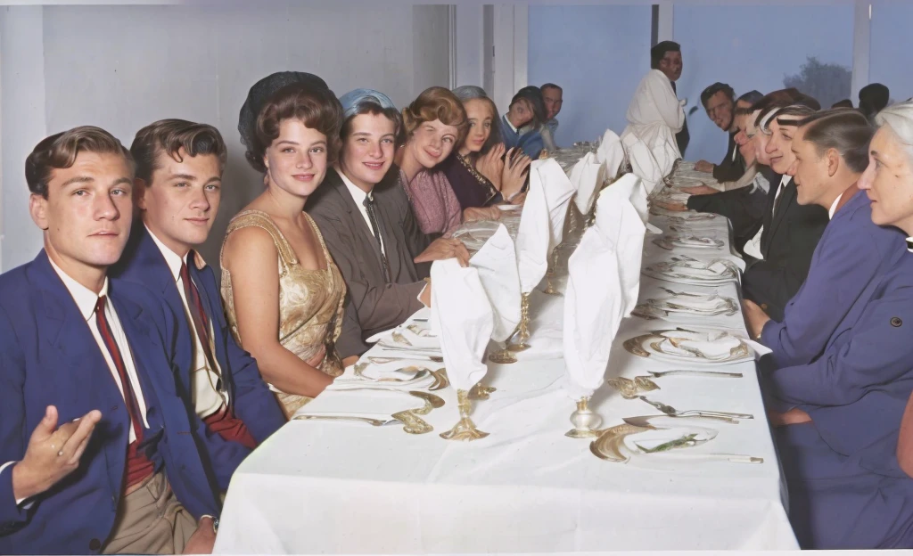 There are many people sitting at a long table with a white tablecloth, colored, color photo, a colored photo, colored photo, !!posing_as_last_cena, color photo de época, colored, old color photo, old color photograph, 1 9 6 0's, 1960, colored, colored photograph