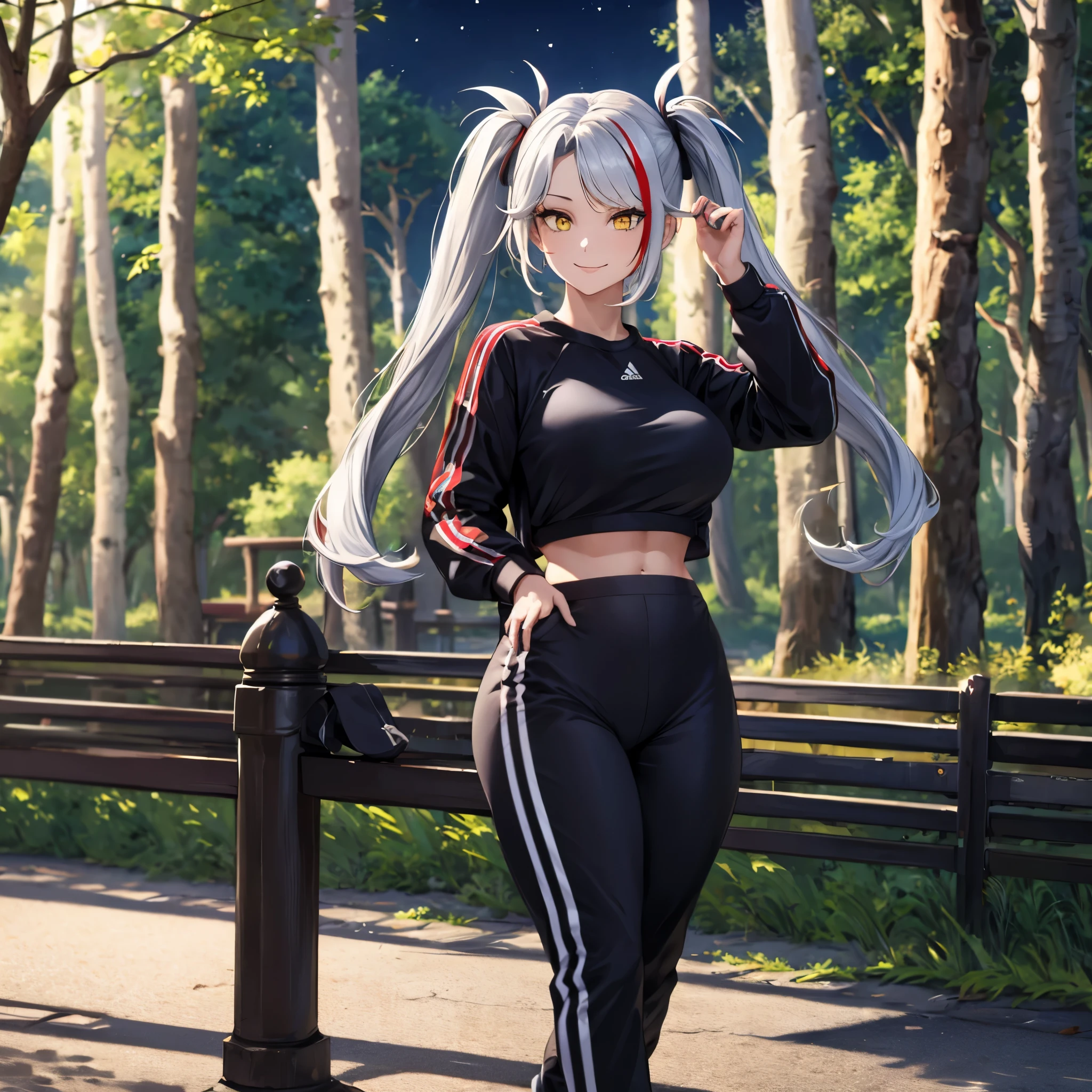 A woman wearing a black adidas sweatshirt, black adidas track pants, sports shoes, silver hair, pigtails, red bangs, multi-colored hair,a red fringe on the front of the hair, yellow eyes, smiling, big breasts walking on a sidewalk in a forest park at night, with illuminated location overlooking a lake on site, close view, UHD, prime work, accurate, anatomically correct, textured skin, super details, high quality, best quality, 8k, high resolution, bokeh effect. (woman alone)
