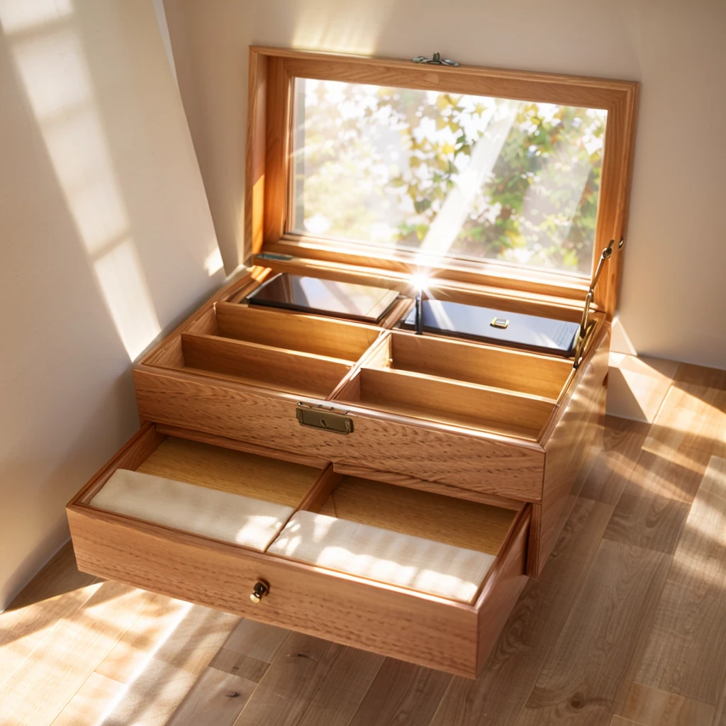 In this cozy room，A ray of sunlight shone through the half-drawn curtains on the table，Let the wood grain on the watch storage box shine with a faint luster。There was a calm and peaceful atmosphere in the air around them。There are several still lifes hanging on the walls of the room，It adds a touch of elegance to the space。And on the other side of the room，The half-open window lets in the breeze，The pages on the small desk by the window turned in the wind，This quiet scene gives a sense of tranquility and comfort。

