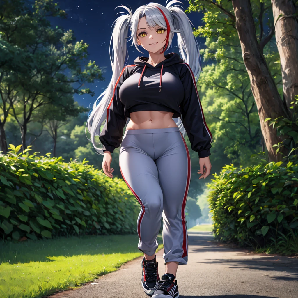 A woman wearing a black adidas sweatshirt, black adidas track pants, sports shoes, silver hair, pigtails, red bangs, multi-colored hair,a red fringe on the front of the hair, yellow eyes, smiling, big breasts walking on a sidewalk in a forest park at night, with illuminated location overlooking a lake on site, close view, UHD, prime work, accurate, anatomically correct, textured skin, super details, high quality, best quality, 8k, high resolution, bokeh effect. (woman alone)
