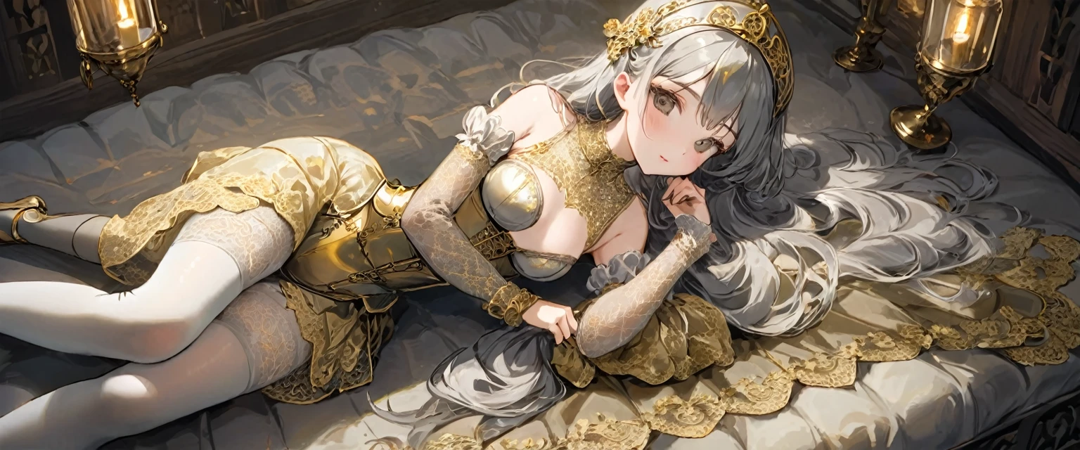 Medieval1People Girls、 Gold and silver embroidery、In underwear、Knee-length semi-transparent bloomers(With gold and silver lace)Wearing、Wearing a semi-transparent corset、 Grey translucent tights、Lying down