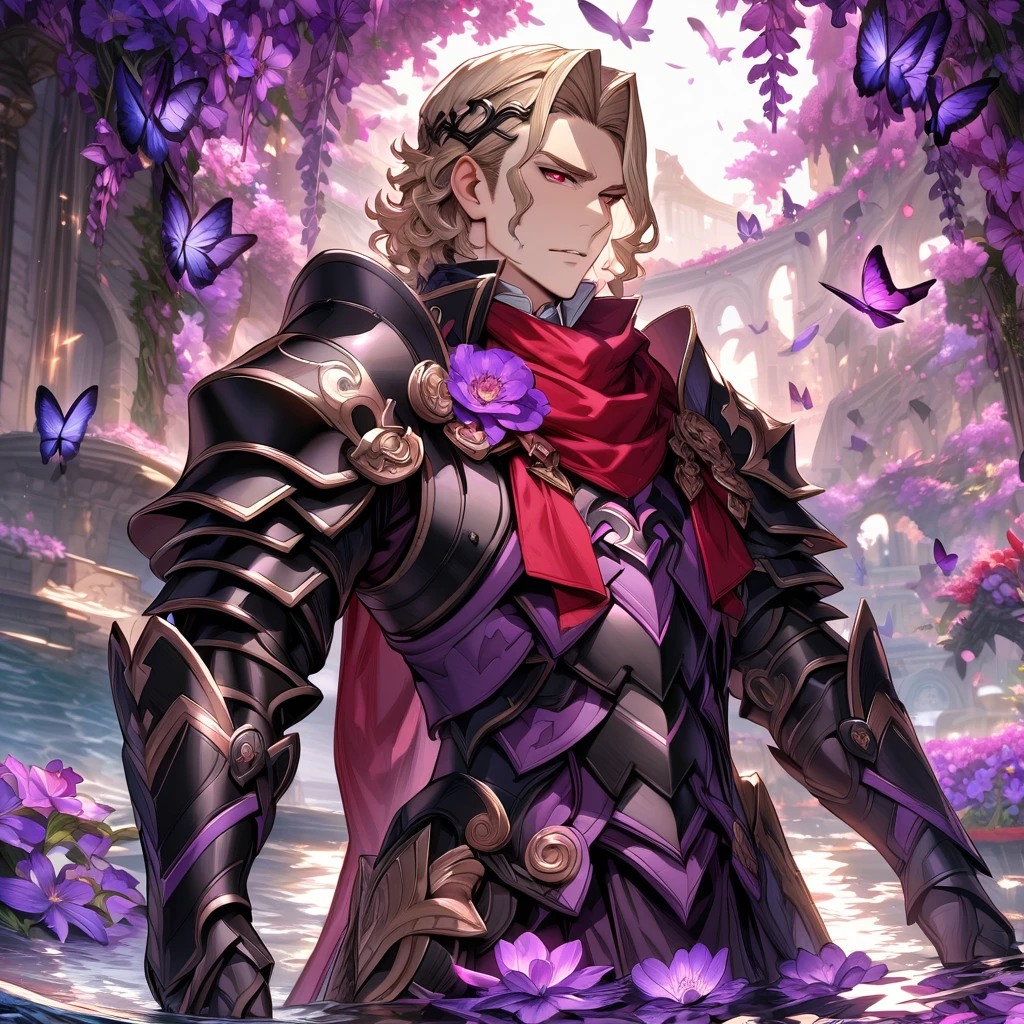 absurdres, highres, ultra detailed, HDR, master piece, best quality, Xander, blonde hair, expressive red eyes, fire emblem fates, solo, sexy man, handsome, black armor, red cape, fantasy, shining, water, purple flowers, purple blossoms, purple butterflies, purple petals