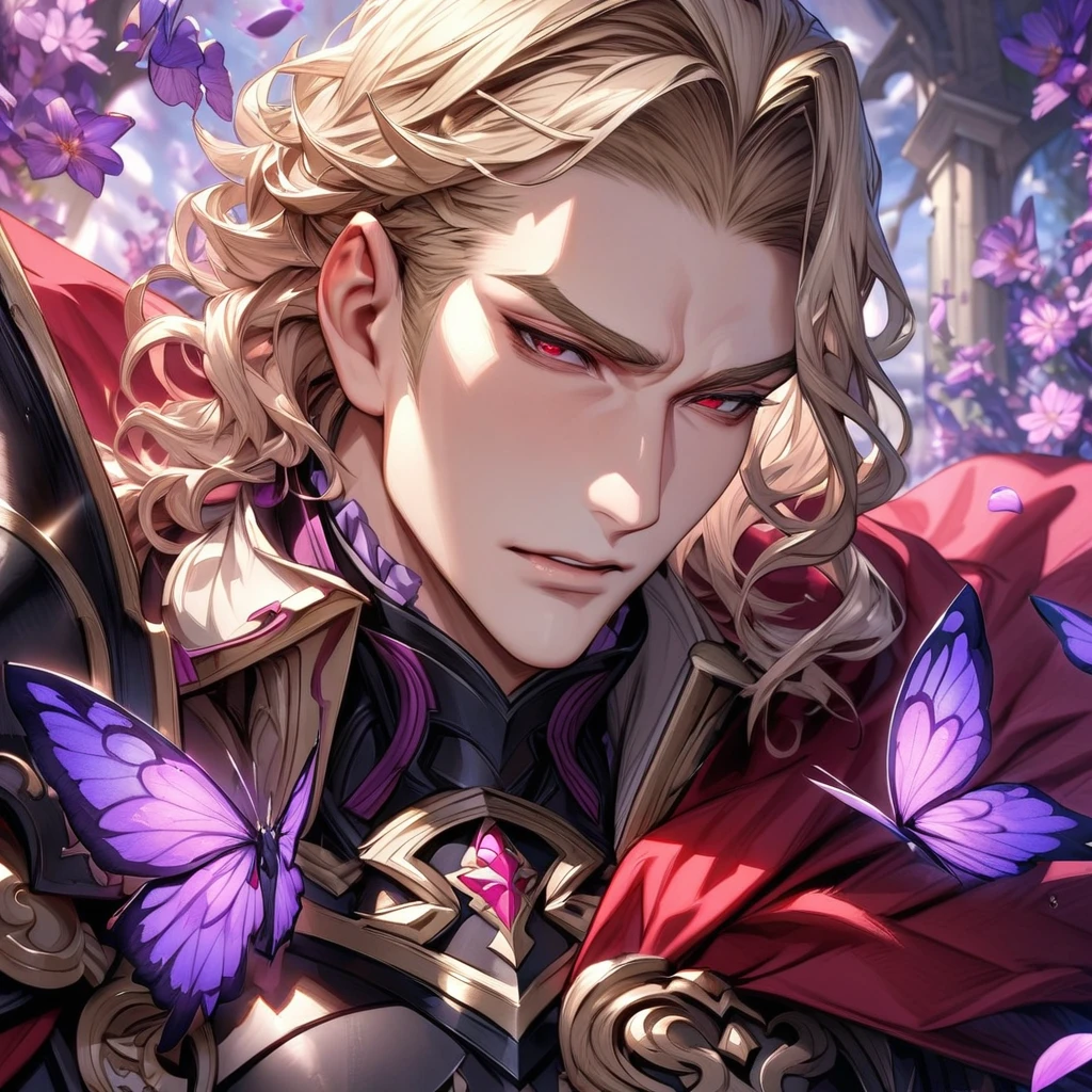 absurdres, highres, ultra detailed, HDR, master piece, best quality, Xander, blonde hair, expressive red eyes, fire emblem fates, solo, sexy man, handsome, black armor, red cape, fantasy, shining, water, purple flowers, purple blossoms, purple butterflies, purple petals