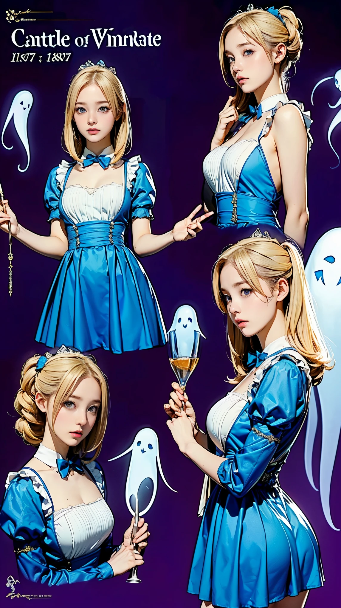 ((masterpiece)),(((Highest quality))),((Reference Sheet, Character Design, Alice in Wonderland、Gorgeous maid outfit:1.5,front, return, ~ ~ side, Mr..々Hairstyle, Mr..々Performance, Facial Expressions)), 14 years oldの少女, Cute type, (Very slim:1.4), (Very small ass:1.4), Realistic buttocks, (Large Breasts:1.5), Short Bob, Thin thighs, Long legs, It's not a big deal, ((Virginia Otis, 14 years old (blonde, blue eyes), thin, Cute face, Canterville Castle Night Walk (novel「Ghosts of Canterville」Works inspired by). 1887, Victorian Porn Dark Fantasy))