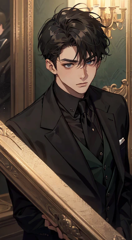((a young man in a black suit and tie)), taken in the early 2020s, gotham, alejandro, he looks very sophisticated, (((left side swept bang black short hair))), (dark green eyes and thick eyebrows), smirk. ((20 years old)), ((Black suite and black tie)), masterpiece, posture dynamic, one person,
