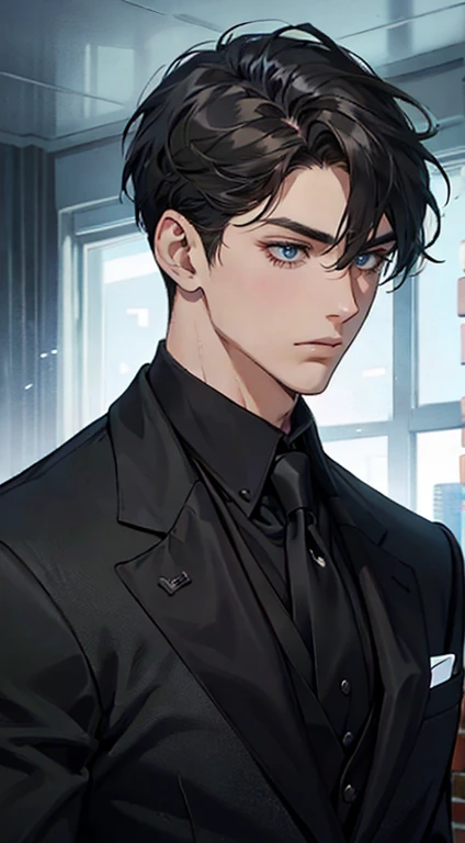 ((a young man in a black suit and tie)), taken in the early 2020s, gotham, alejandro, he looks very sophisticated, (((left side swept bang black short hair))), (dark green eyes and thick eyebrows), smirk. ((20 years old)), ((Black suite and black tie)), masterpiece, posture dynamic, one person,