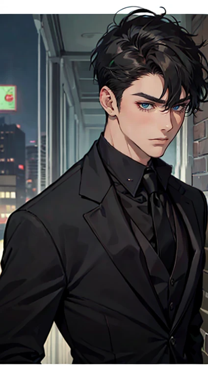 ((a young man in a black suit and tie)), taken in the early 2020s, gotham, alejandro, he looks very sophisticated, (((left side swept bang black short hair))), (dark green eyes and thick eyebrows), smirk. ((20 years old)), ((Black suite and black tie)), masterpiece, posture dynamic, one person,