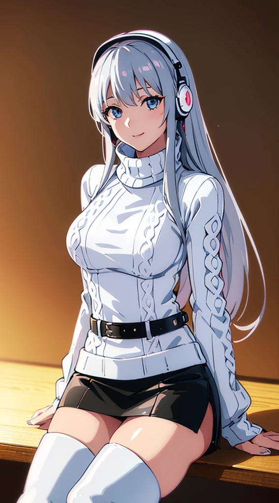 smile、((8K)), ((32k)), ((Highest quality)), ((masterpiece)), ((超A high resolution)), ((Tmasterpiece)), ((Halation:1.4))、((White mechanical headgear:1.3))、((White mecha cyber headphones:1.3))、Fine skin, High quality fabric, ((Beautiful and dense face))、RAW Photos、Professional, Ultra-fine painting, ((alone)), Beautiful breasts、Highest quality, Very detailed, Very detailed詳細, Finer details, so beautiful, Full body description、on a futuristic street、White thigh-high boots、(Woman wearing a black leather miniskirt:1.8)、(Wearing a white knitted turtleneck sweater:1.8)、 take a walk、Beautiful l(Machine Eyes:1.3)、drooping eyes: 1.3,, (In 8K) , masterpiece, (No retouching, Lip gloss, False eyelashes, Real Skin, Highest quality, 超A high resolution, Depth of written boundary, chromatic aberration, Caustics, Wide Lighting, Natural Shading))、Korean Idol、Asian woman smiling at camera,、Young and cute gravure idol, Young and skinny gravure idol, Realistic Young Gravure Idol, Young Gravure Idol, Japanese Model, Shot with Canon EOA 6D Mark II, Shot with Canon EOS 5D Mark IV, Young Gravure Idol、(White thigh-high boots:1.5)、(Long silver hair:1.1), cowboy_shot, Side Focus, Shiny、Concept Art, Anime fantasy artwork, (((Long silver hair))),  8K high quality, detailed art, In 8Kのキャラクターアートの3Dレンダリング, neat legs, Defined, Defined fingers,