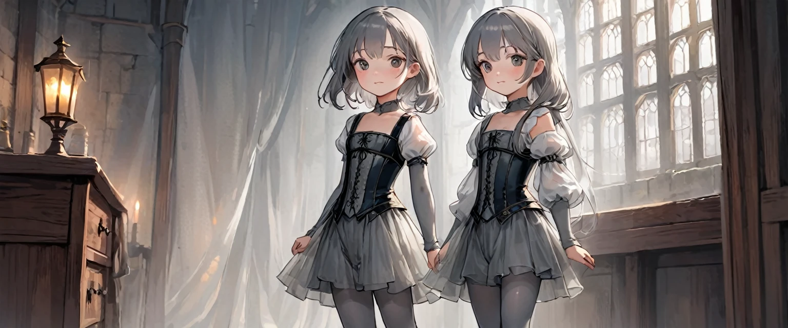 8 year old medieval girl, underwear姿、Translucent knee-length drawers（underwear）Wearing、Wearing a semi-transparent corset、Translucent slip, Grey translucent tights