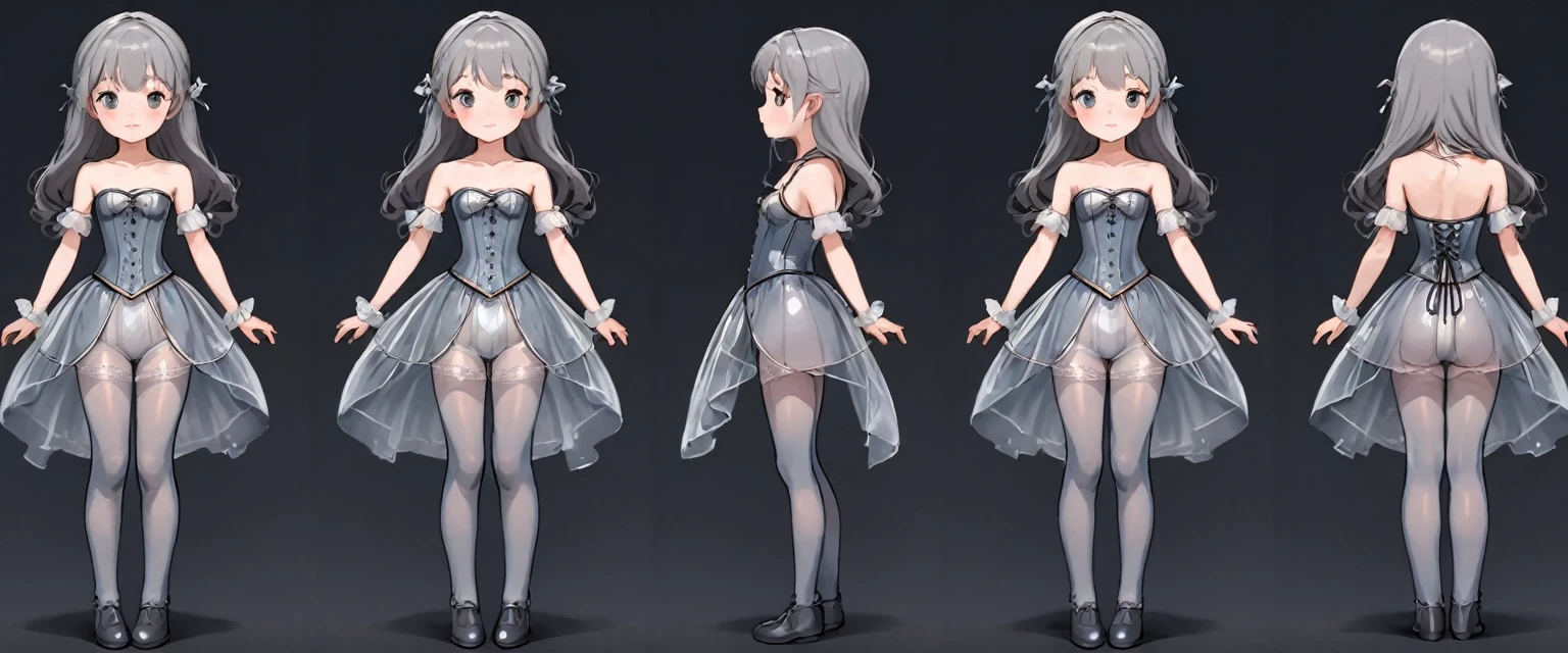 8 year old medieval girl, underwear姿、Translucent knee-length drawers（underwear）Wearing、Wearing a semi-transparent corset、Translucent slip, Grey translucent tights