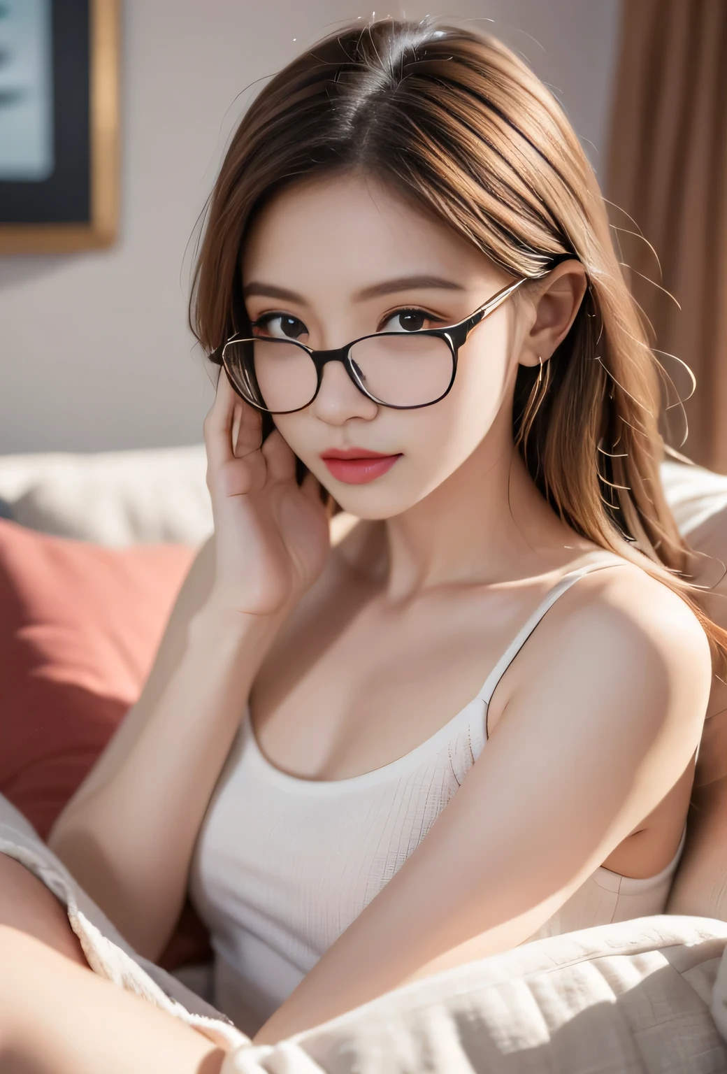 hair bobbles, wince, longeyelashes, solid circle eyes, light smile, ear blush, fang, ccurate, Surrealism, drop shadow, anaglyph, stereogram, tachi-e, pov, atmospheric perspective, 8k, super detail, best quality, best quality, high details, anatomically correct, UHD, retina, masterpiece, textured skin, high quality, highres, award winning, super detail, accurate,blond woman wear glasses reading a book while laying on a couch, girl wearing Round glasses, 厚Round glasses, big Round glasses, Round glasses, thin Round glasses, wearing small Round glasses, wear glasses, wearing Round glasses, wearing thin large Round glasses, Korean Girl, girl wear glasses, wearing black glasses, Thick glasses, Ulzan, Round glasses