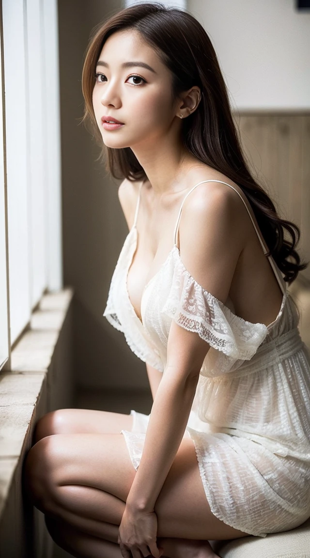 Dark brown hair、Light brown eyes、Japanese actress、 Lady、I am about 40 years old..、(Intricate details:1.2)、(Which one is on top??:1.4)、 (Ultra-high resolution:1.2)、Ultra-high resolution、(Finely tuned)、(Detailed facial features)、Hmph、8K resolution、D cup size breasts、Long Hair、Large windows、Extravagant space、relax、、,Full body photo、Head to toe shot、Beautiful legs、Camisole dress、Beautiful legs、A refreshing room filled with sunlight、she, household items, (plant:0.8), Fashion Hub, Extreme Detail, Very detailed, Realistic, Hourglass-shaped body, Obscene pose,、、私 cry a lot、tears、person on the left、White wall、White floor、diagonally from below、Please lift your chin、テーブルの上にsit、relaxした表情、Pose of Weakness、(auraroid photo:1.2)、From outside the window、Transparent Painting、8K、32k、Highest quality、(Details of both eyes)、1 Girl、elegant、(Loose dress :1.4)、sunset、sit、(Low Angle、From what angle do you see this?:1.2)、Hilarious、Leaning against a wall、