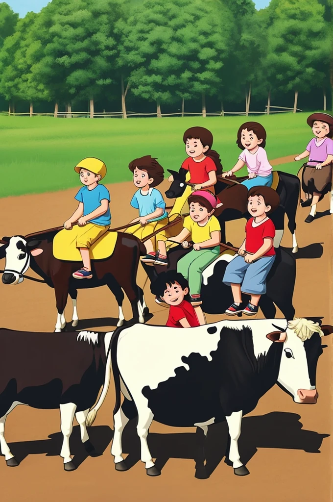 make a cartoon picture of 7 small children riding on a big cow