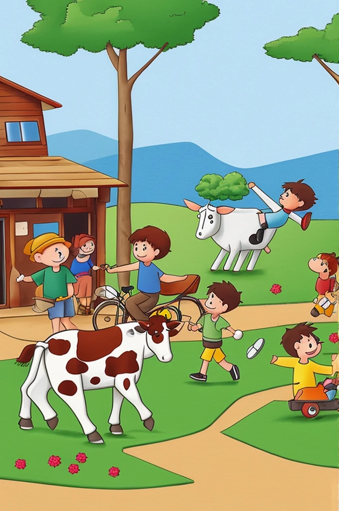 make a cartoon picture of 7 small children riding on a big cow