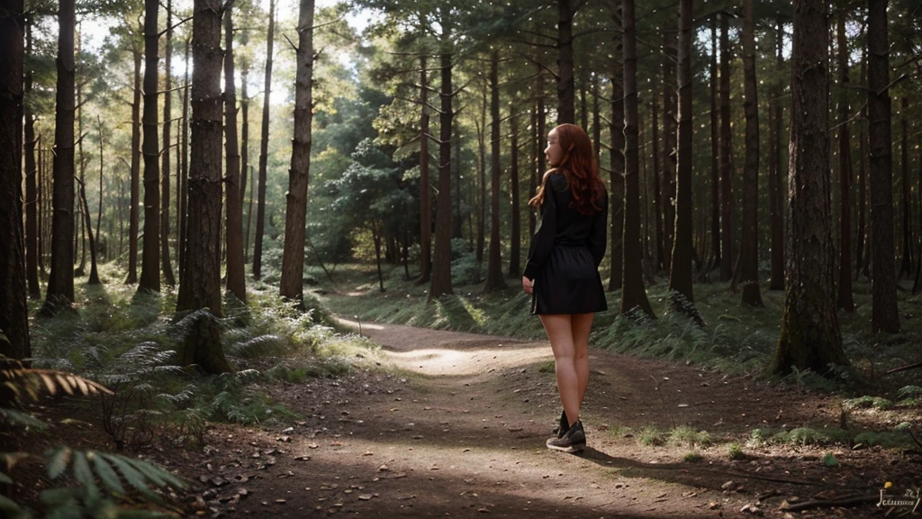 a close-up of a woman in black lingerie in the forest, in the forest, in the forest, in the forest, in beautiful forests, deep in the forest, in the forest, in a forest, deep in the forest, of standing in the forest, view from behind, standing in the forest, beautiful red-haired girl, in front of a forest background big ass