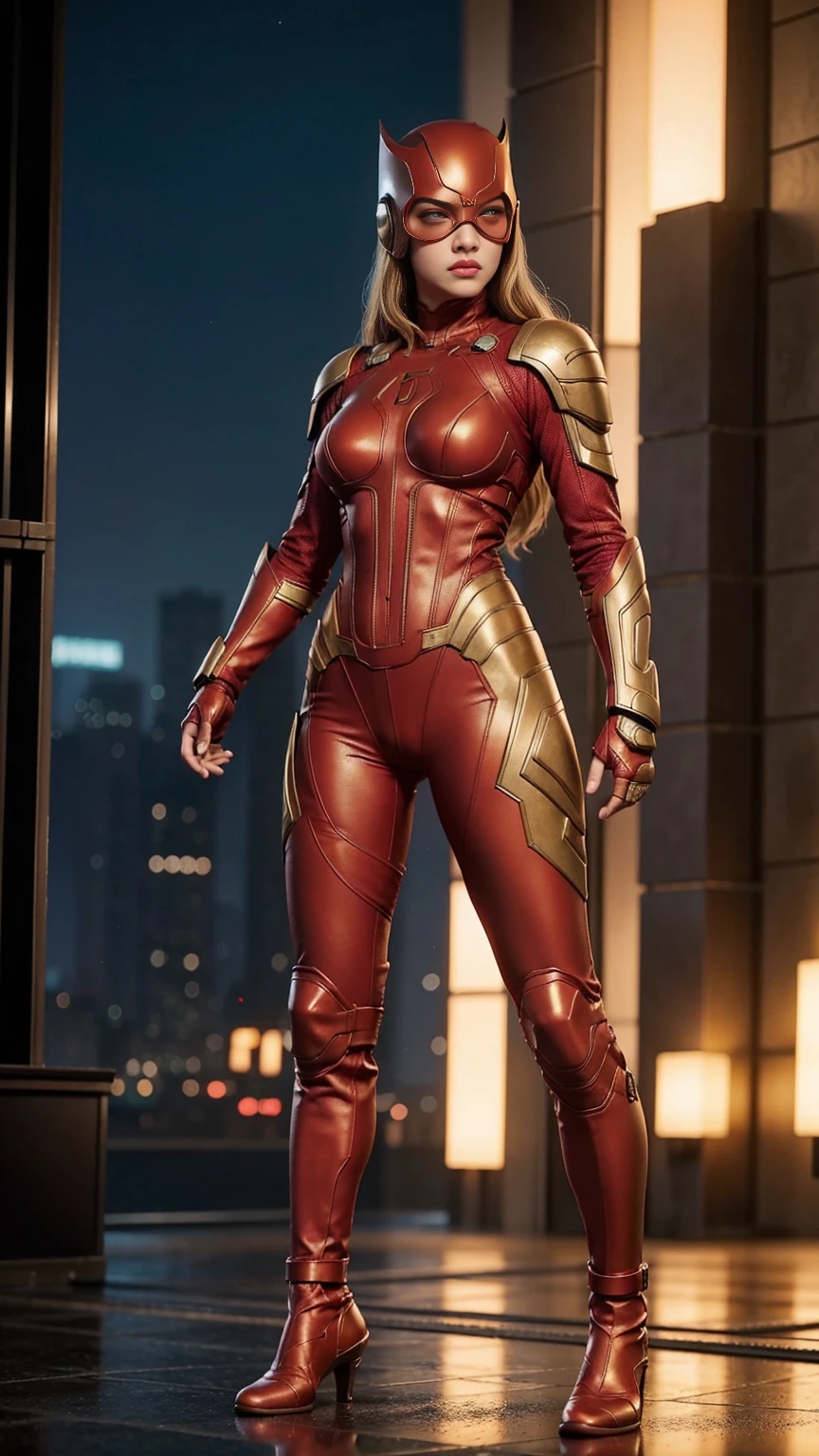 ((full body photo,Standing, Feet on the ground)) Amanda Seyfried as Daredevil, wears red and gold Daredevil cyberpunk armor, Dynamic Pose, cleavage, pinching, camel toe, pubic shape clearly visible, partially visible, proper eye position, detailed skin texture, natural skin, backlight, cinematic light, soft light, hips, night time, On the roof, city background, graduated background in developed cores, intricate, highly detailed, octane rendering, High definition, 8K
