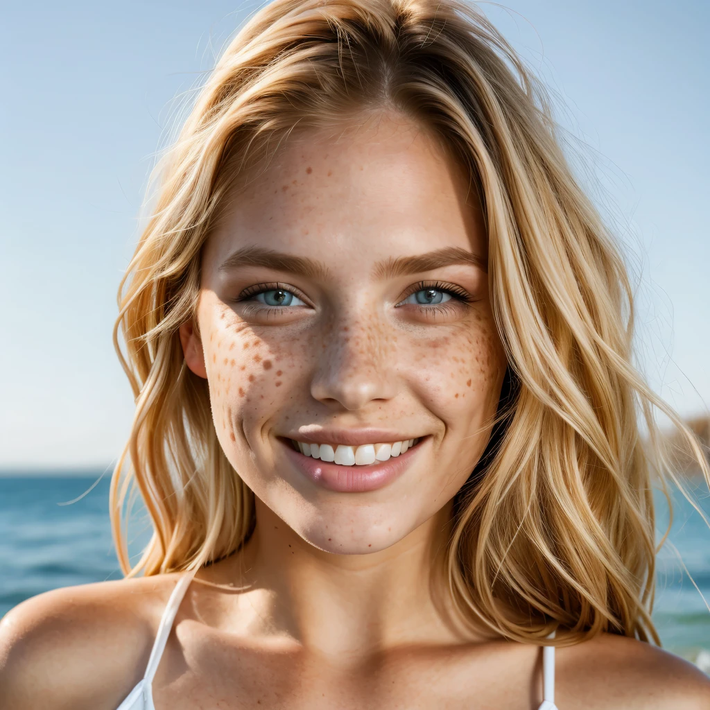(one-1-person:1.2), beautiful blonde instagram model, freckles, big smile, dark makeup, hyperdetailed photography, soft light, head and shoulders portrait, cover
