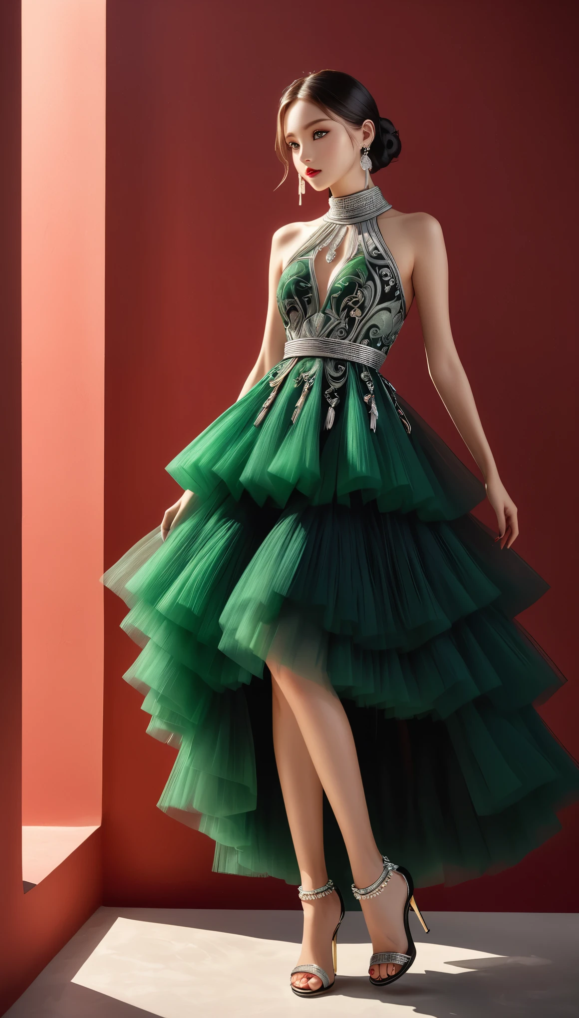 (masterpiece,high quality,8K).Fashion photography:Beautiful girl leaning elegantly against the wall,Roman high heel sandals,Ethnic evening dress:1.5.Skin details,Bright Eyes,Thick eyelashes,Unique,Staring at the audience),(High Neck Sleeveless Black and Green Miniskirt,Fluffy oversized tulle skirt,Multi-layer yarn,Long legs,seedling:1.5,Silver jewelry:1.2,silver tassel:1.37,)。Light and Shadow,Clean and simple red background