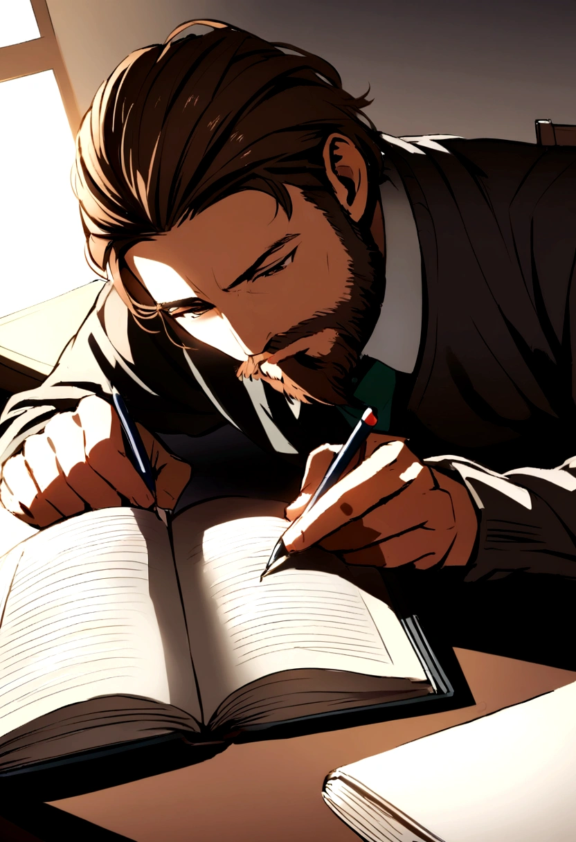 guy with long brown hair, with a brown and mid beard studying