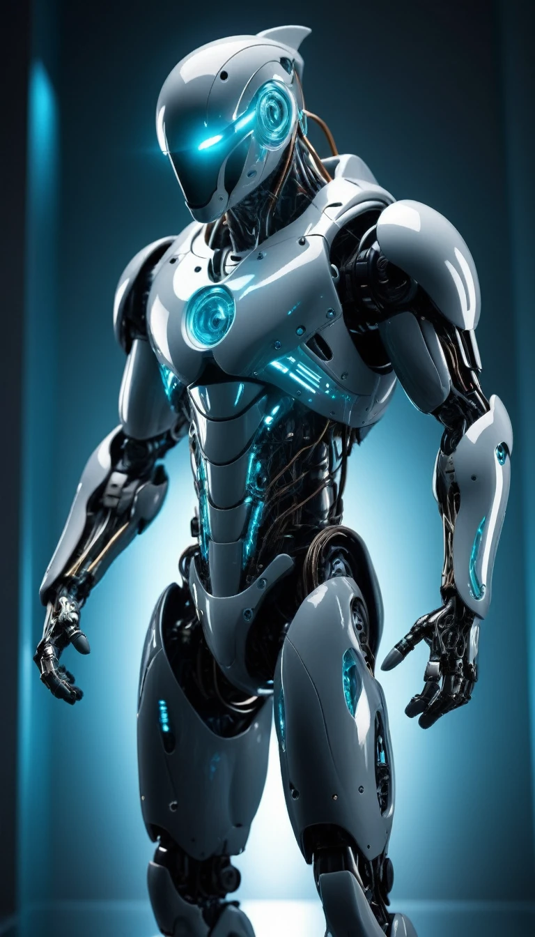 Translucent movie stills (Dolphin as a cybernetic robot:1.5), (Glowing Veins:1.3) (The cable enters the body, circuit:1.3), Very detailed, Vignette, Very detailed, High budget, Bokeh, Sulky, amazing, nice, Film Grain, granular