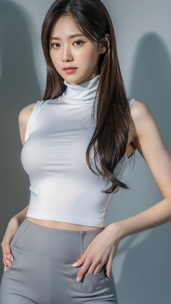 (detailed face),((crotch)),normal breasts,pretty,sleeveless and turtle neck white clothes,4k ,super high resolution ,(photo-realistic: 1.7),gray background,long hair,light and shadow,