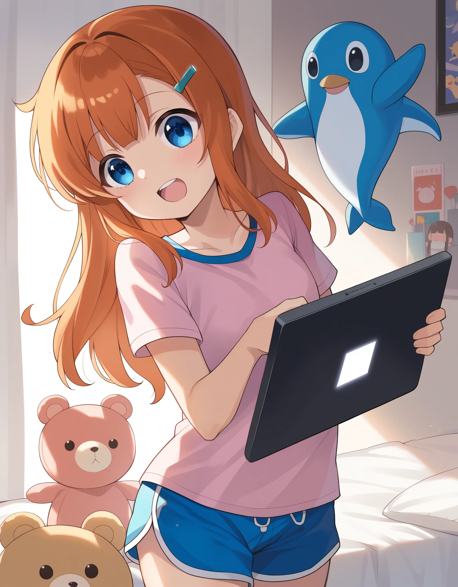 score_9, score_8_up, score_7_up, source_anime
kousaka_kirino, orange hair, long hair, blue eyes, hairclip,
kirino_bed, pink shirt, stripe, blue shorts, dolphin shorts,
excited, glowing tablet pc, holding stylus, looking away, decorations on walls, stuffed animals, dim lighting, upper body