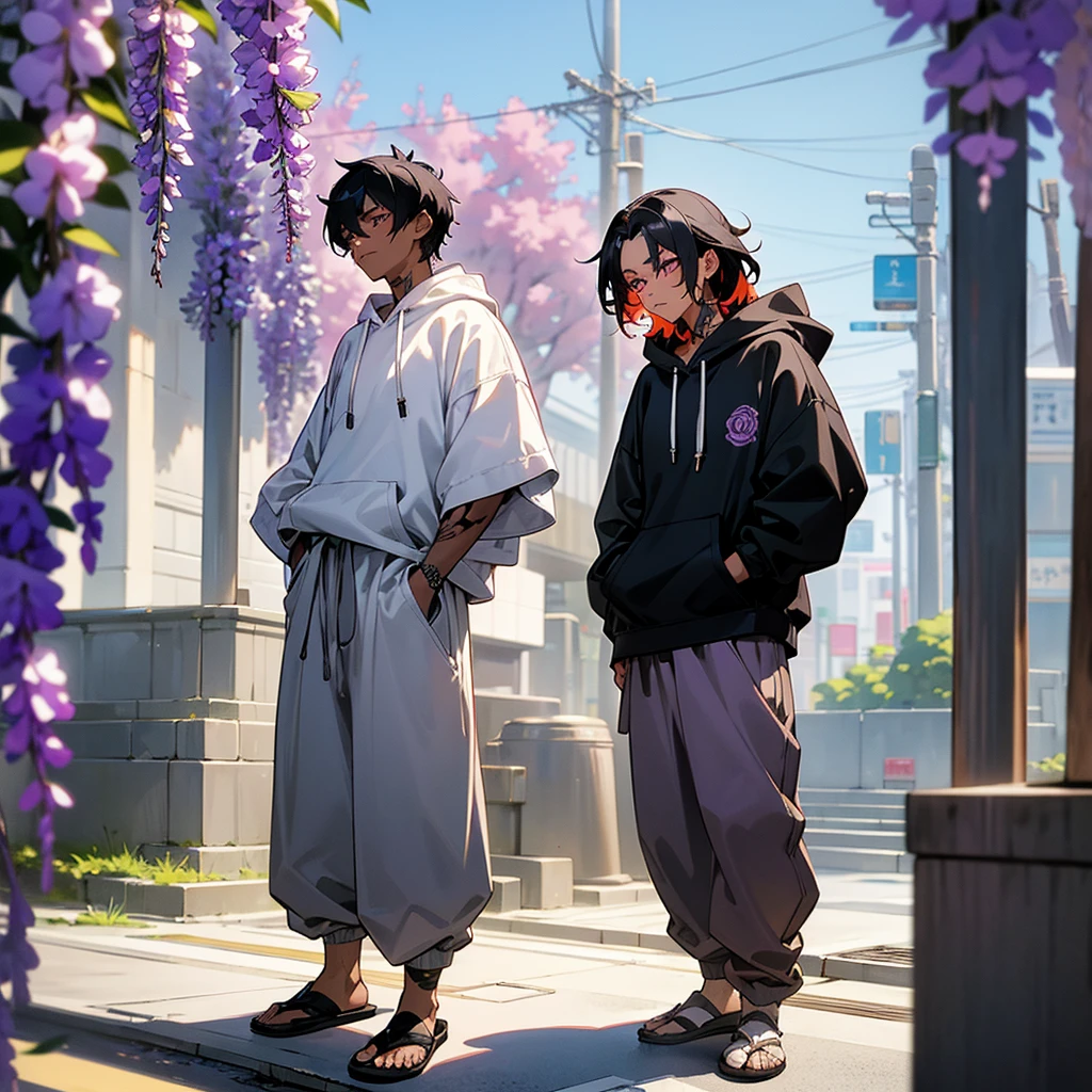 1male, young adult, dark skin, finely detailed plum eyes, wild medium hair, two tone hair, black hair color, seashell white hair color, oversized hoodie, baggy pants, standing on building, day time, tokyo streets, e expression, muscular, tattoos, wisteria flowers, scars