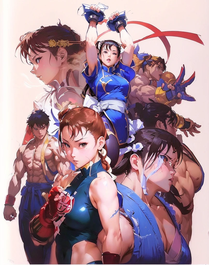 anime characters are posing for a picture in a group, street fighter, chun - li, chun li, chun-li, capcom, hadouken, street fighter iv, fighting game, movie poster of street fighter, cammy, mudoken, shinkiro, masayoshi suto and artgerm, hq artwork, fighters, fan art, fighting game character