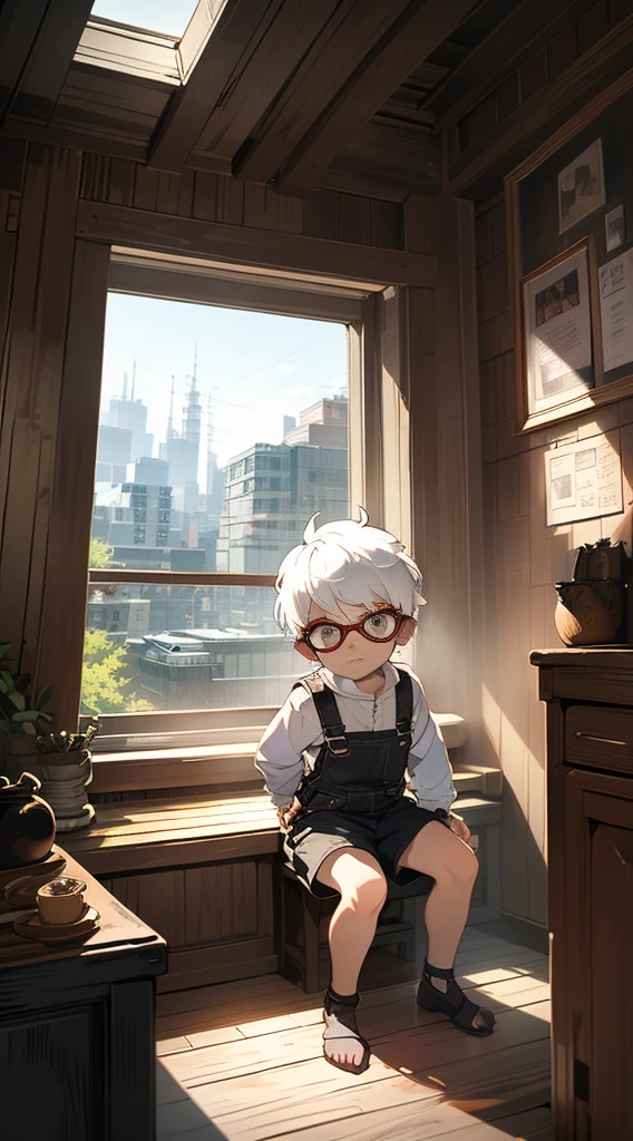 Two-dimensional cartoon boy Shota Shota, one-piece overall: 1.5, full body photo, nightcap, goggles, cute gestures, leg rings, white stockings, white hair, slightly red face, sitting by the window, looking out the window,
