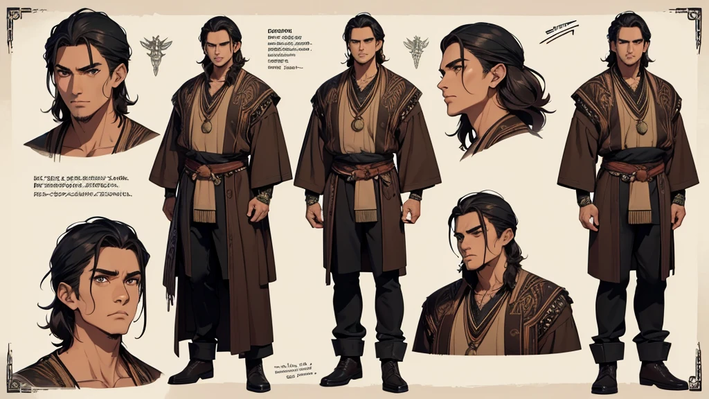 He is an adult indigenous man with Mexican features, and sun-kissed brown skin. His short black hair contrasts with his intense, expressive dark eyes. High, well-defined cheekbones complement his sharply contoured face. His pointed ears add a unique and distinctive detail to his appearance. He exudes a strong, serene presence, deeply connected to his cultural roots, Full body, master piece, character sheet, character sheet, character sheet, perfect face.