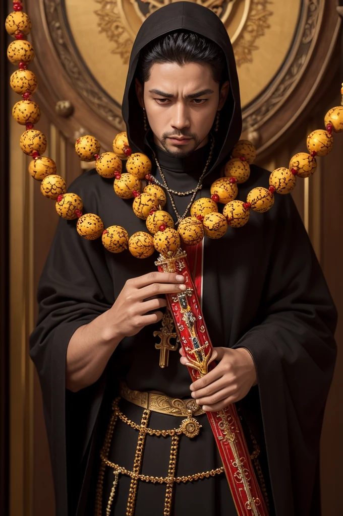 Please the image of a Mariano rosary with five tens in the colors red, black and yellow
