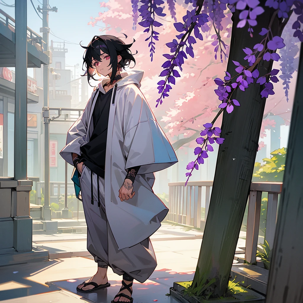 1male, young adult, finely detailed plum eyes, wild medium hair, two tone hair, black hair color, seashell white hair color, oversized hoodie, baggy pants, standing on building, day time, tokyo streets, calm expression, muscular, tattoos, wisteria flowers, scars