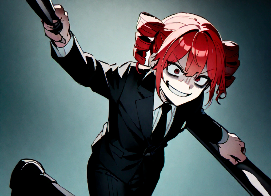 Red hair、Black suit、Black slacks、Wearing leather shoes、holding a silver metal baseball bat、Scary smile