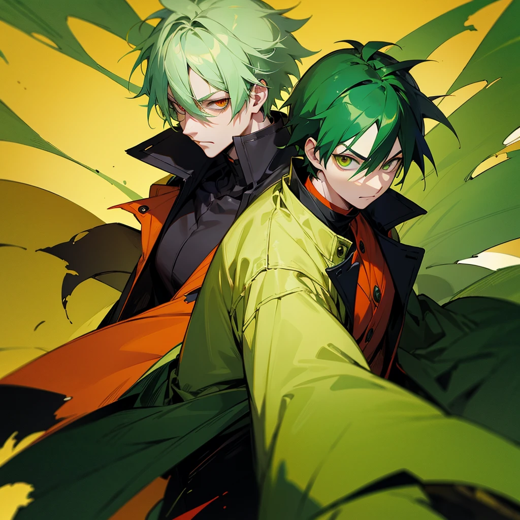 Character with green hair and sharingan in just one eye and the other green eye, he wears a yellow coat and a torn coat